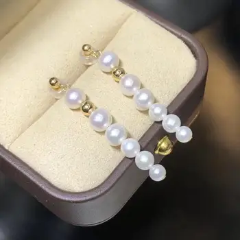 

D521 Pearl Earrings Fine Jewelry Solid 18k Gold Round 3-7mm Nature Fresh Water White Pearls Drop Dangle Earrings for Women