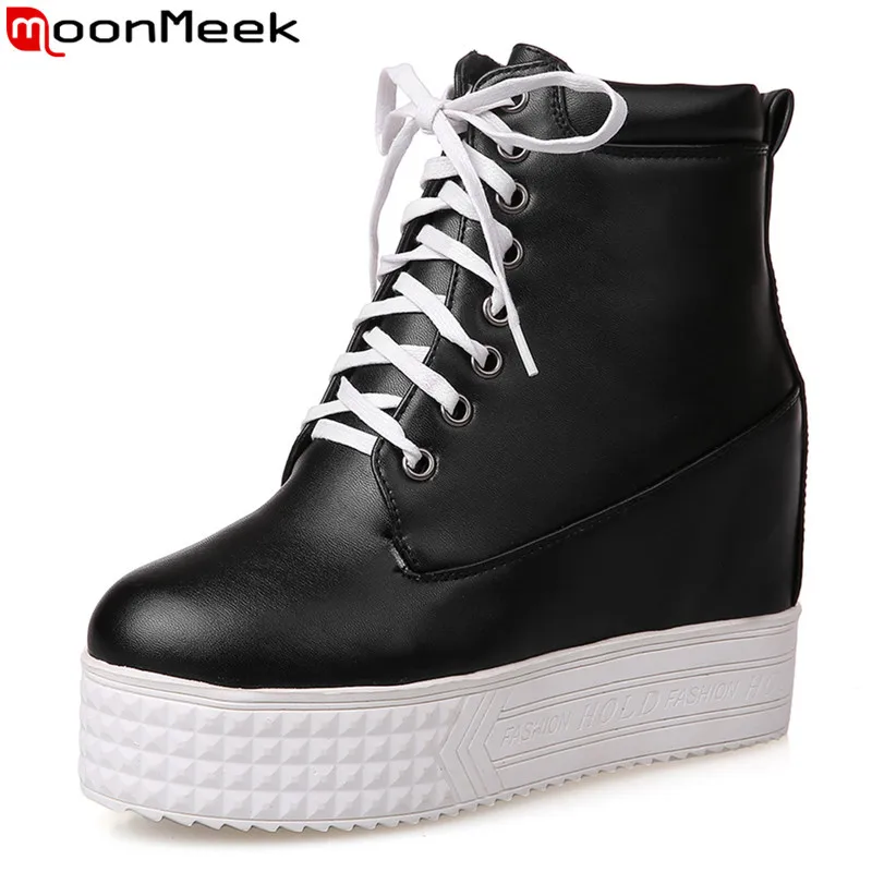 

MoonMeek 2020 Large size 33-43 fashion lace up height increased shoes round toe platform soft leather ankle boots for woman