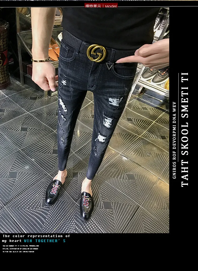 NEW spring autumn skinny strech Casual ripped hole fashion black teenagers hip hop cowboy denim leg jeans men pencil pants