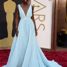 Небесно-голубые Формальные платья знаменитостей А-силуэт глубокий v-образный вырез с коротким шлейфом шифон с открытой спиной знаменитые платья для красной дорожки