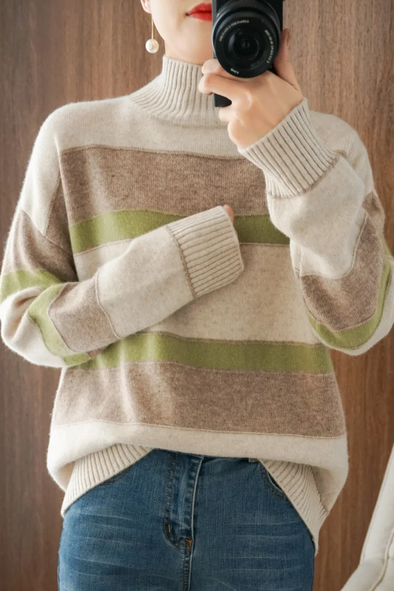 

2020 Autumn and Winter New 100% Wool Sweater Women High Neck Striped Pullover Sweater Thick Knitted Large Size Sweater