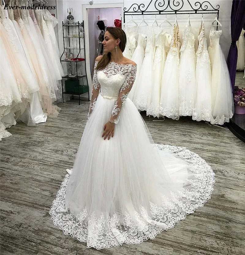 Свадебное платье с открытыми плечами, с длинным рукавом, с кружевной аппликацией, с пуговицей сзади, со шлейфом, платье невесты, свадебные платья, Vestido De Noiva