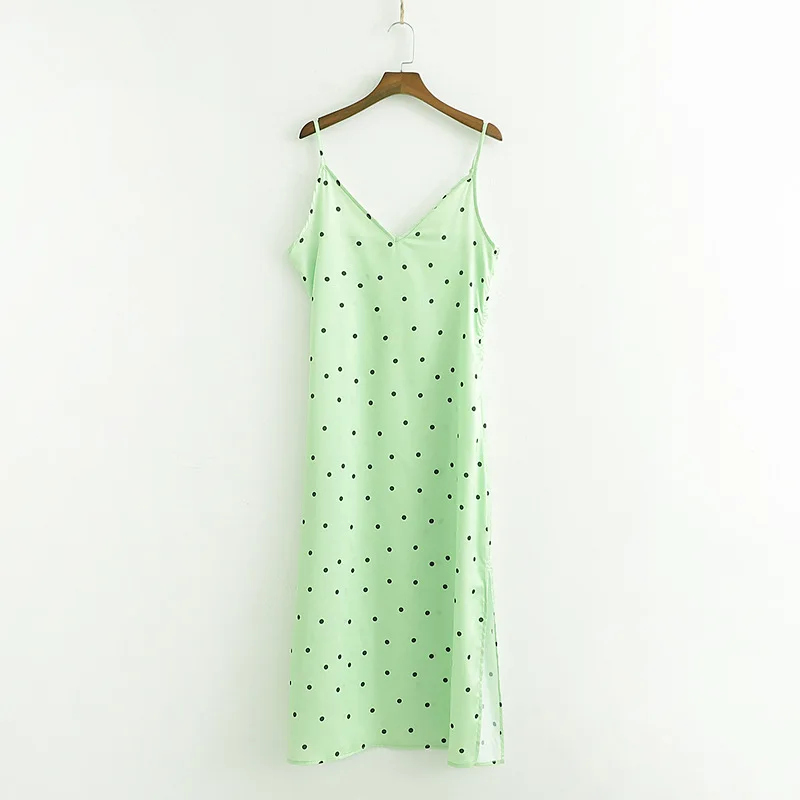 

2019 Summer Women's Dress Western Style New Style Versatile Slimming Mid-length Fluorescence Green Dotted Strapped Dress