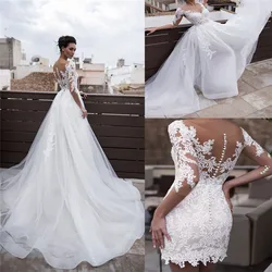 Scoop Neck Sheath Spring Women Wedding Dresses Appliques Lace 2 In 1 Formal Bridal Gowns Slim With Detachable Train Vestidos