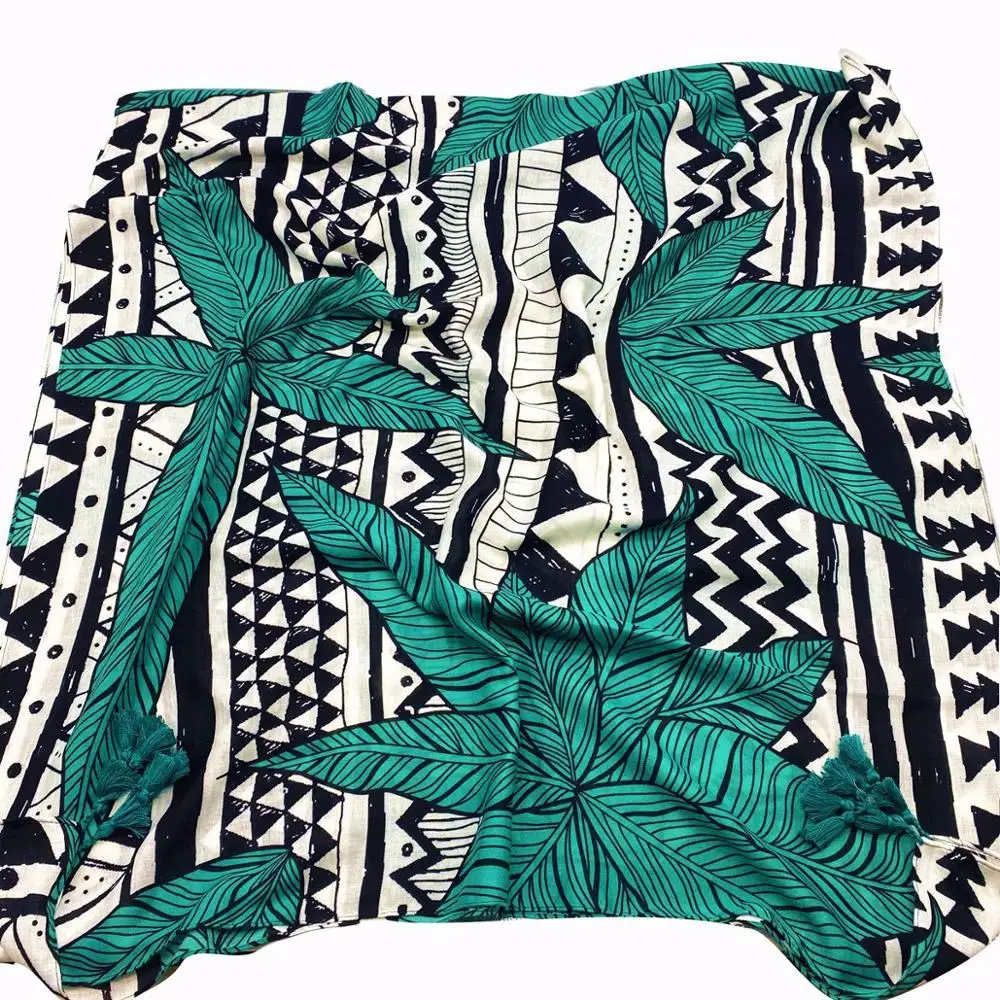 

2020 Newest Green Leaf Print Cotton Tassel Scarves Shawls Women Trendy Geometry Tassel Scarf Wrap Hijab Muffler Free Shipping