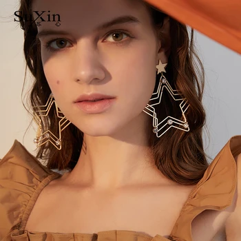 

SuXin Fashion Earrings for Women 2020 Golden Multilayer Pentagram Pendant Women Alloy Earrings Jewelry Gift