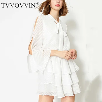 

TVVOVVIN White Long-sleeved Bow Tie Ruffled Elastic Waist Woman Chiffon Dress Casual Sweet Simple Fashion 2019 Autumn New X262