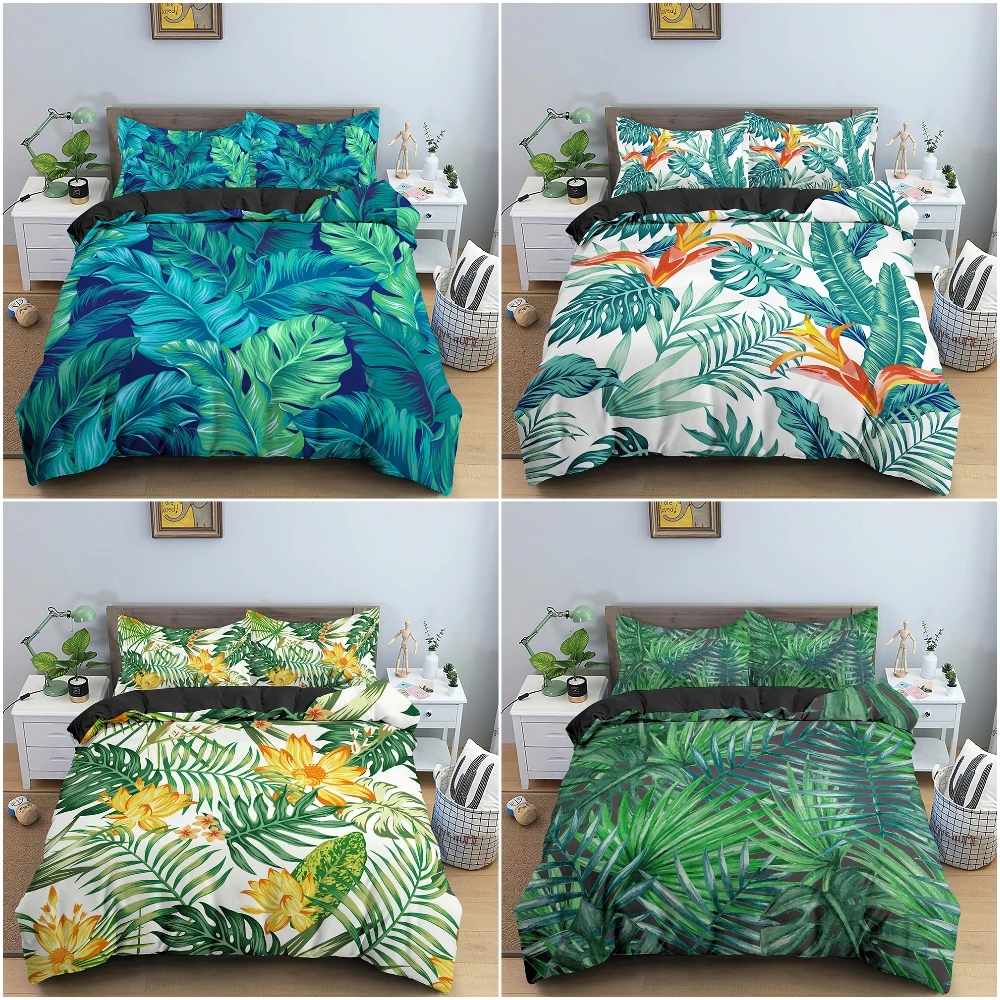 TropicalBeddingSetColorfulLeavesDuvetCoverSetRainforestJungle
