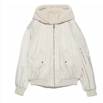 

ZAraing COS female winter grass on both sides to wear leather bomber jacket cotton Hoodie
