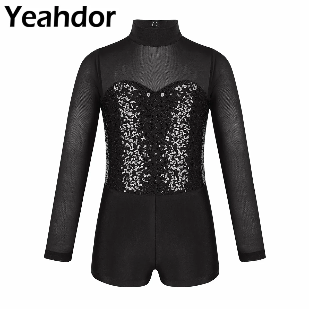 Kids Dance Wear Teens Girls Long Sleeves Mock Neck Sparkly Sequins Tulle Splice Ballet Gymnastic Leotard Biketard Unitard | Тематическая
