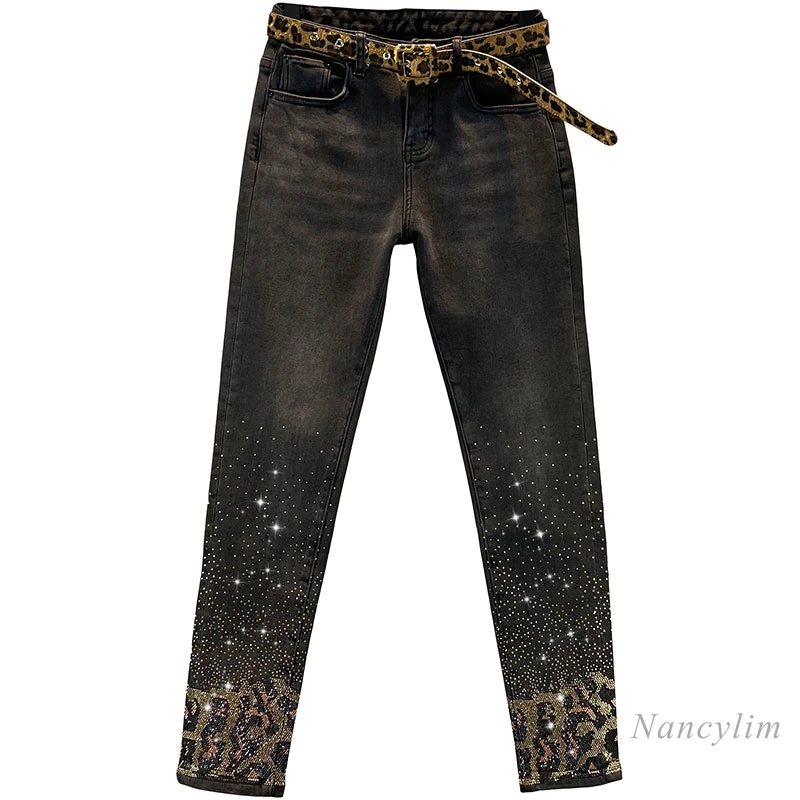 Jeans con strass leopardati donna 2021 primavera e autunno nuovi pantaloni  a matita in Denim nero elasticizzati a vita alta Slim Fit|Jeans| -  AliExpress