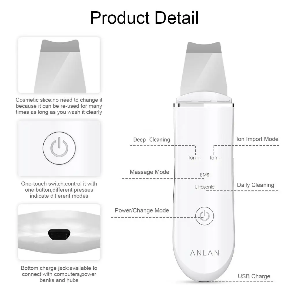 ANLAN Ultrasonic Skin Scrubber Deep Face Cleaning Machine Peeling Shovel Facial Pore Cleaner Face Skin Scrubber Lift Machine