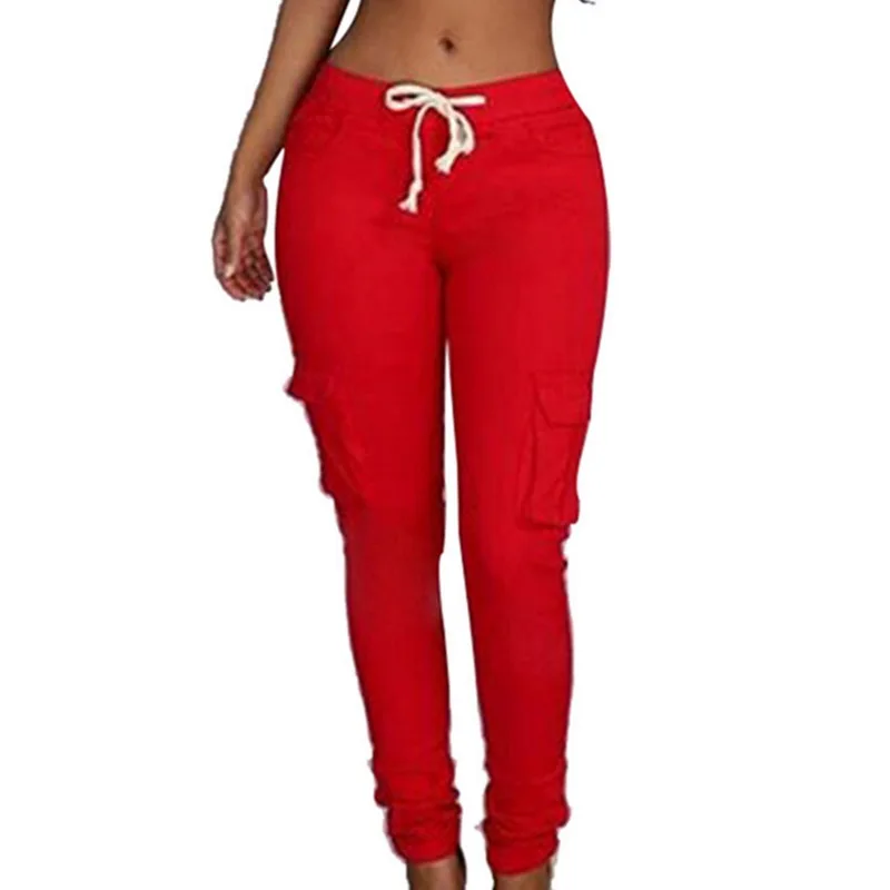 Женские брюки для фитнеса, одноцветные брюки, повседневные женские брюки с несколькими карманами и завязками, брюки-карандаш для бега, большие размеры - Цвет: Red