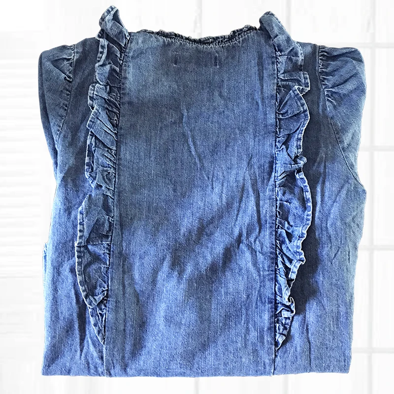  Autumn Winter Women Ruffles Puffed Sleeve Denim Shirt Loose Casual Solid Blouse Blue Elegant Female