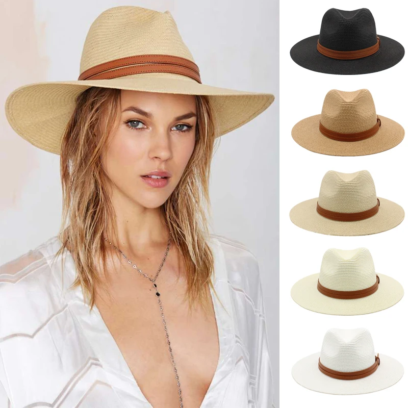 

Men Women Soft Straw Panama Hats Summer Fedora Wide Brim Sunhats Trilby Caps Outdoor Beach Travel Sombrero Size US 7 1/4 UK L