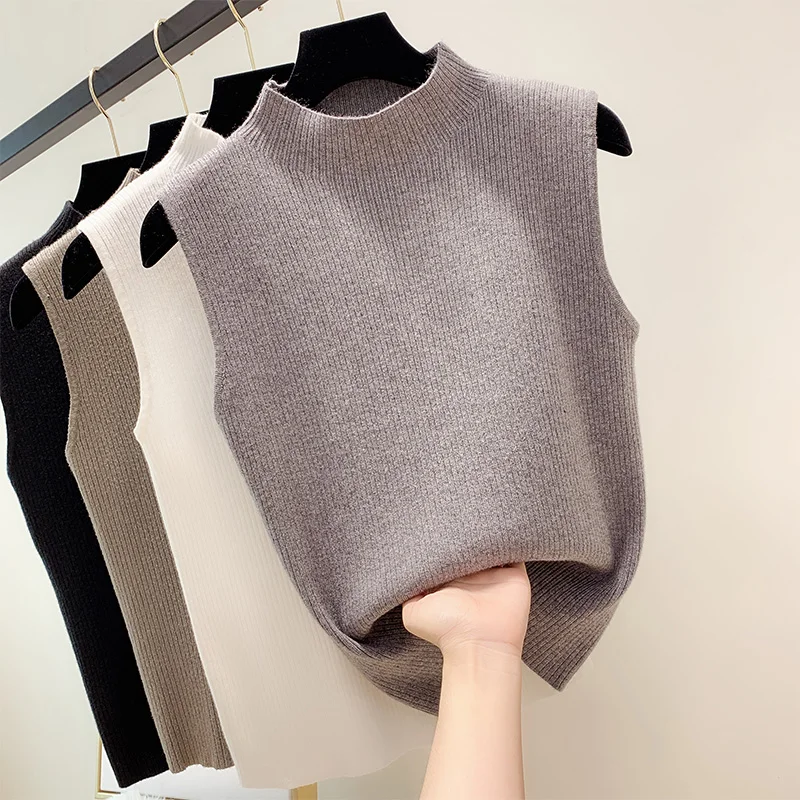 

Summer Wear Knitted Vest Women's Autumn Slim Jacket Solid Color Simple Sleeveless Ice Silk Semi-high Collar T Camiseta Mujer