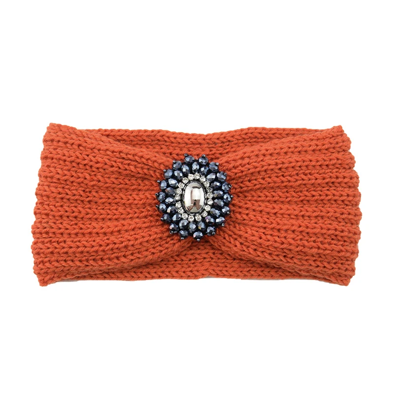 New Women Crystal Flower Headband Crochet Headwrap Casual elastic Hairband Knitting Beanies Turban Winter Knitted Headbands - Цвет: Оранжевый