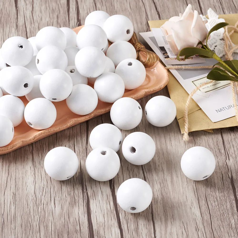 25mm 30mm Large Hole Natural White Wood Beads Spacer Round Balls for DIY Jewelry Craft Making Xmas Wooden Garland 50/100pc
