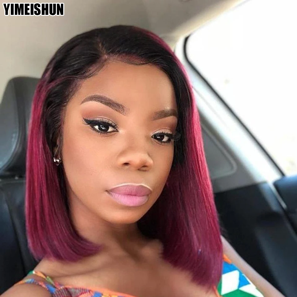 

Bob Frontal Wigs Pre Plucked 13x4 Human Hair Straight Wig Ombre Lace Front Wig Black Roots 1B/99j Brazilian Hair Yimeishun