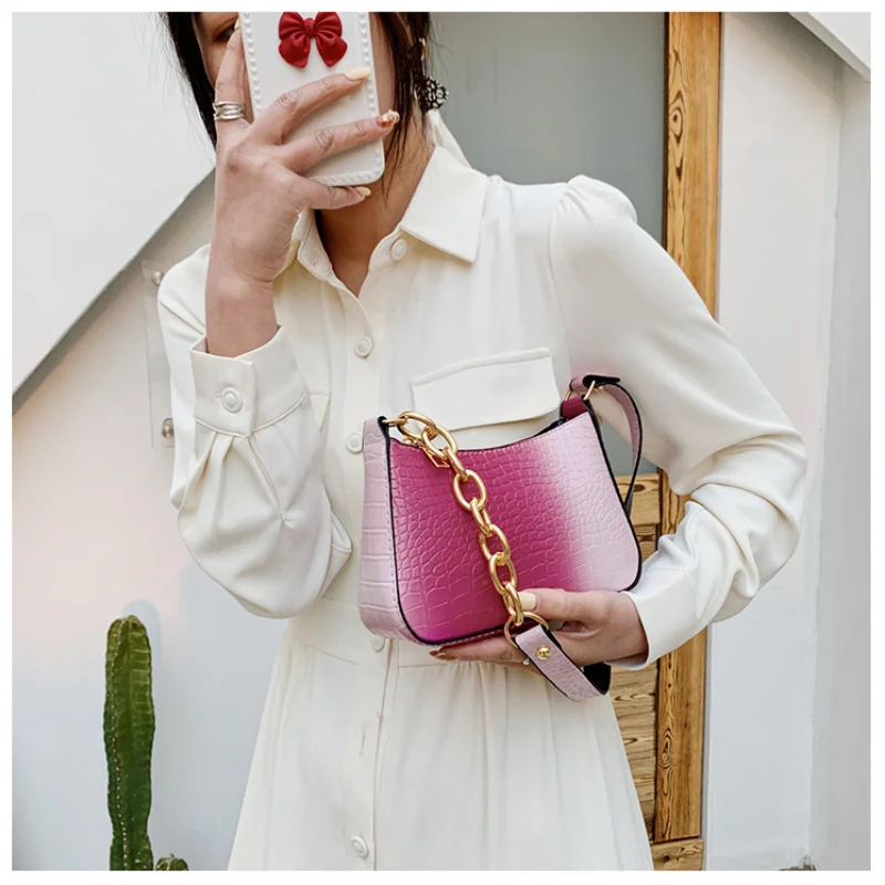 Stylish Gradient Color Shoulder Bag, Crocodile Print Crossbody Bag