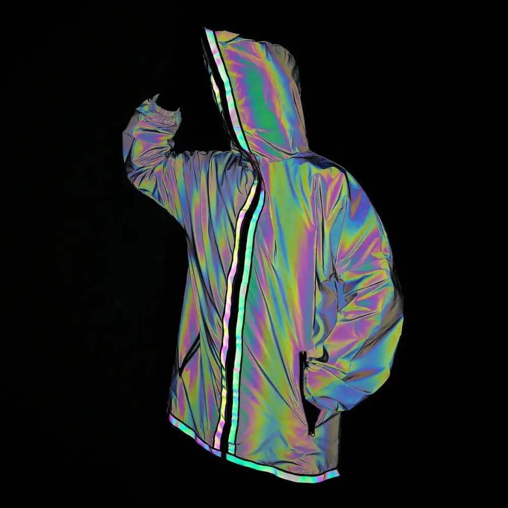 Finest  Men Rainbow Reflective Light Long Jacket Streetwear Women Hooded Coat Full Zip Jogger Night Dazzlin
