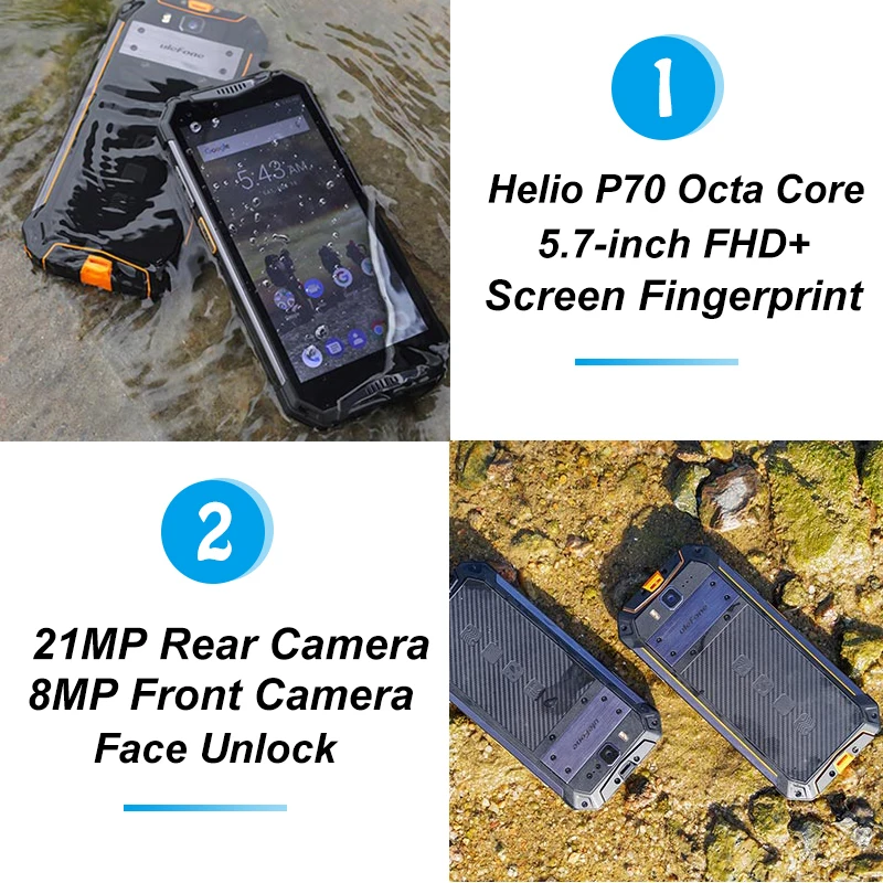 Ulefone armor 3W IP68 Водонепроницаемые мобильные телефоны Android 9 0 5 7 "Helio P70 6G + 64G Face ID NFC