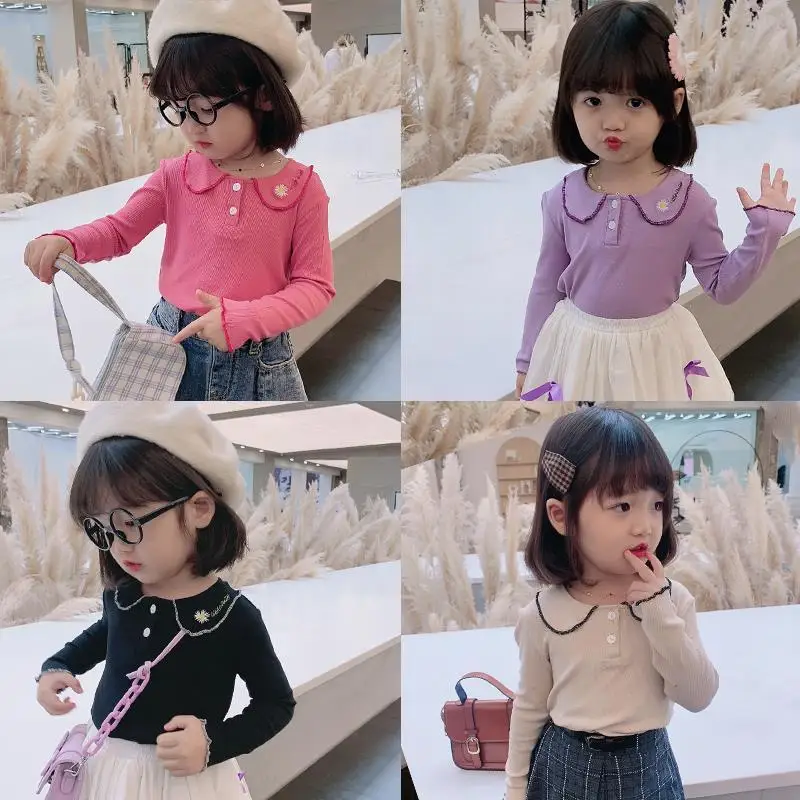 

2020 Autumn New Baby Girl Tshirt 2 3 4 5 6 Years Kids Solid Doll Collar Casual Tops Girl Children'S Long Sleeve Tshirt P2 028