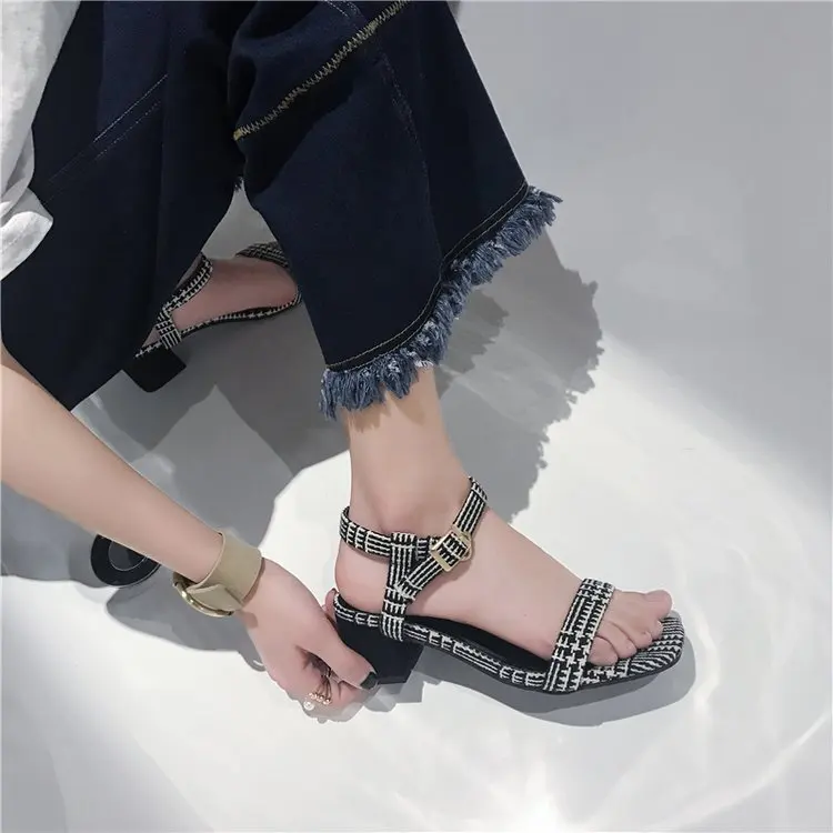 

A- line with Sandals Women's Summer 2019 New Style Chunky-Heel Bandage Cloth Versatile Plaid Sexy Fairy Wind Women's Kitten Heel