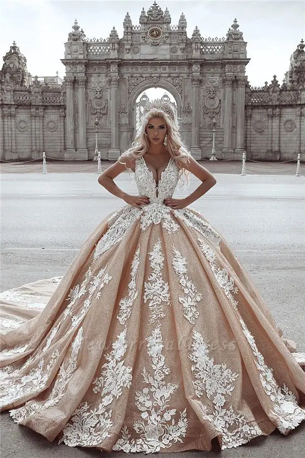 

Robe De Mariee 2019 Sexy Deep-V-Neck Ball Gown Wedding Dress Sleeveless Appliques Long Train Beidal Wedding Gowns