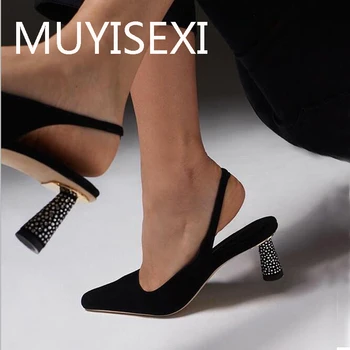 

Slingbacks black genuine leather pointed toe 6.5cm high heels with rhinestone women fashion slingback pumps OX06 MUYISEXI