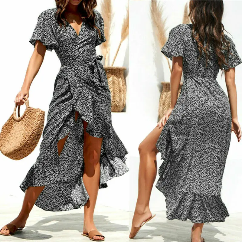 Летнее пляжное макси-платье женское с цветочным принтом Boho длинное шифоновое платье с оборками, повседневное, с v-образным вырезом, с разрезом, Сексуальные вечерние платья, Robe Femme