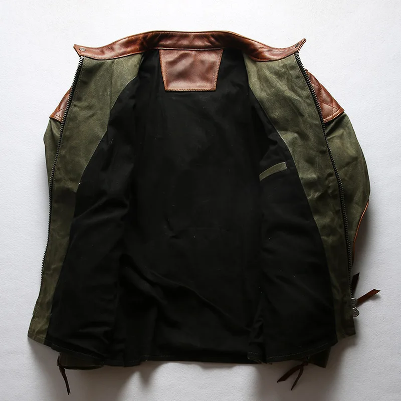 Reviews 1937 Read Description! Asian size Army style genuine cow leather canvas coat cowhide leather wax water proof jacket