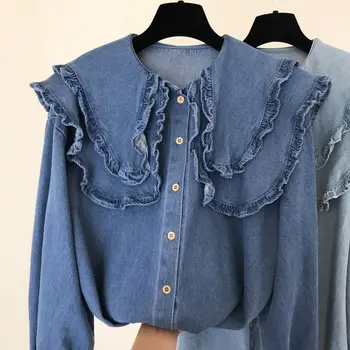 

2020 Spring New Denim Shirt Woman Sweet Princess Style Lace Lapel Temperament Button Long-Sleeve Denim Blouse Blusas Female Tops