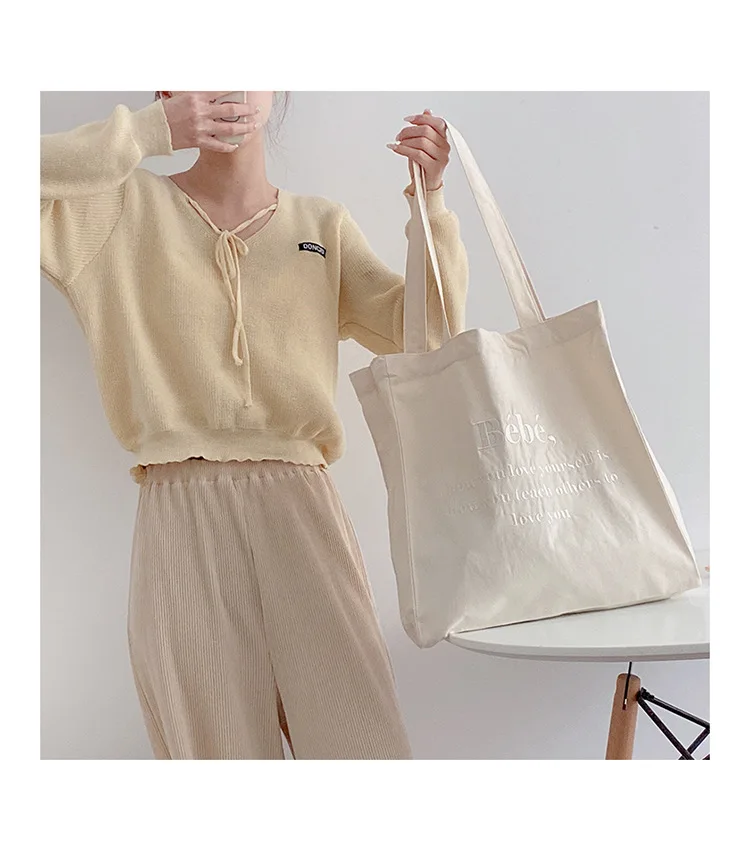 Large Capacity Canvas Shoulder Bag for Women Eco Reusable Shopping Bags Fashion Letter Embroidery Student Girls Tote Handbags