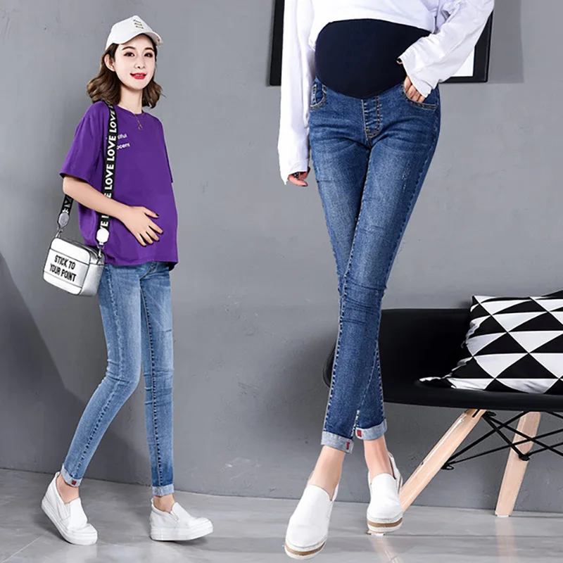 

Length Stretch Washed Denim Maternity Jeans Summer Fashion Pencil Trousers Clothes for Pregnant Women Pregnancy Pants