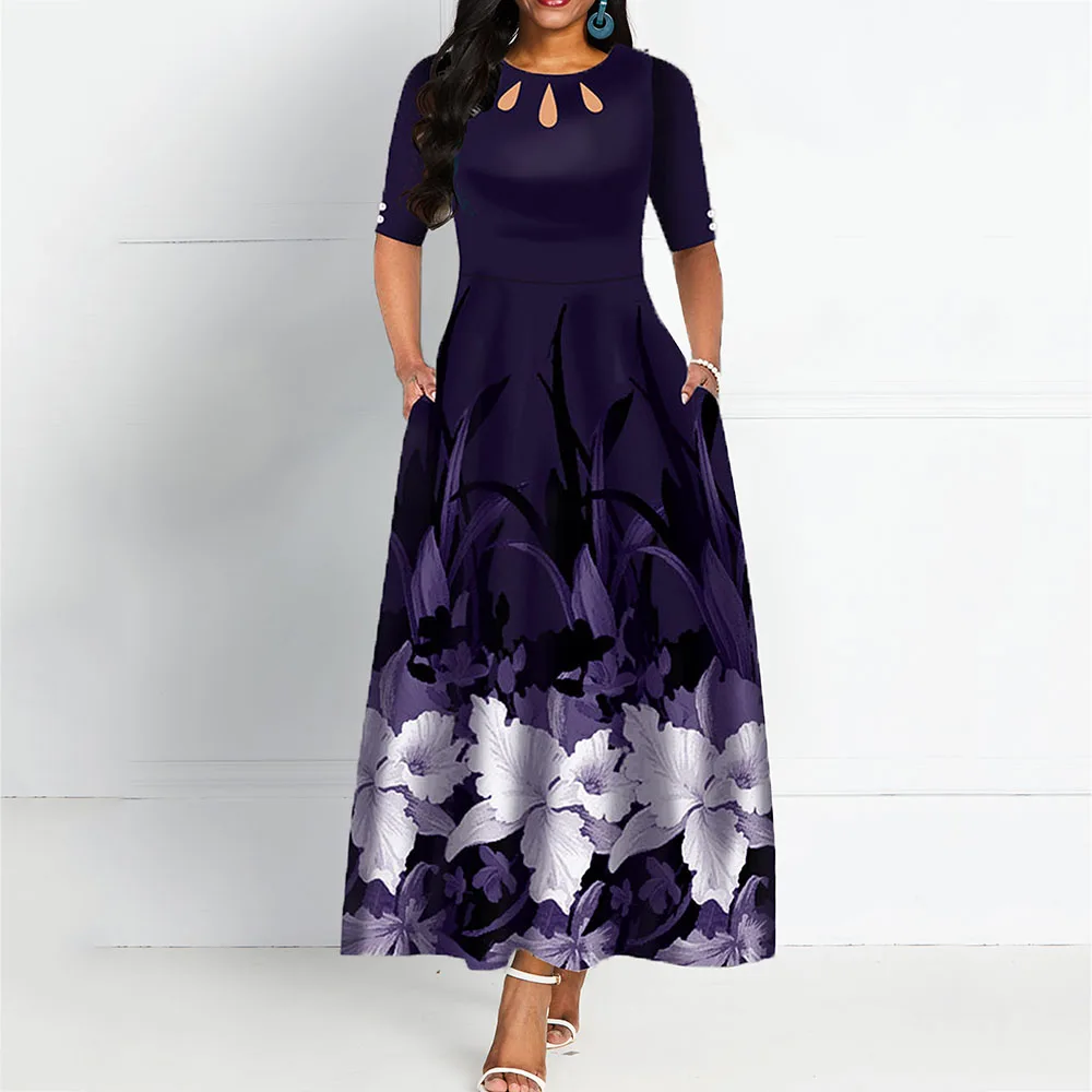 

Black Scoop Neck Half Sleeves Floral Print Elegant Evening Dress A Line Ankle Length Zipper Party Formal Women Evening Dresses