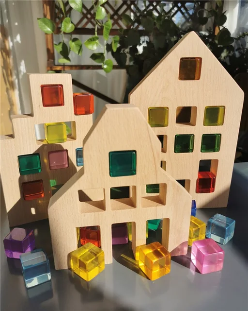 Kids Montessori Wooden Toys Large Dutch Wood House with Lucite Cube Creative Education Blocks Birthday Gift 1