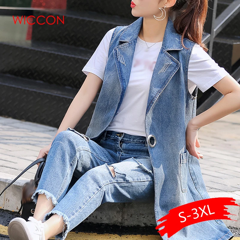 

2019 Summer New Cowboy Vest Jacket Female Spring & Autumn Suit Collar Long Self-cultivation Women Denim Jacket