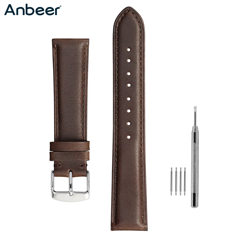 Anbeer винтажный ремешок для часов 14 мм 16 мм 18 мм 20 мм 21 мм 22 мм 23 мм 24 мм черный коричневый ремешок для часов из натуральной кожи для мужчин и