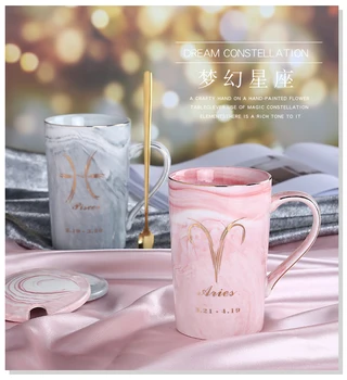 

OUSSIRRO Natural Marble 12 Constellation Ceramic Pink Zodiac Mug with lid Coffee Mugs Creative Personality Cup 400ml Lead-free