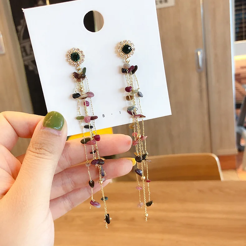 

2019 Korean New Design Fashion Jewelry Long Chain Personality Color Stone Earrings Crystal Tassel Earrings for women gift