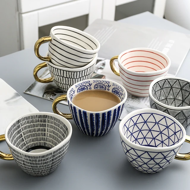Creative Geometric Ceramic Mugs With Gold Handle Handmade Coffee Cups