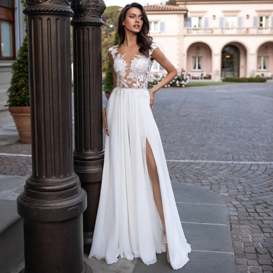 

Verngo A-line Beach Wedding Dress Appliques Side Slit Chiffon Wedding Gowns Sleeveless Bride Dresses 2020 Vestidos De Boda