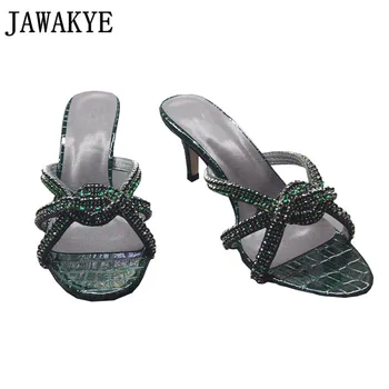 

High Heel Crystal Party Shoes Formal Slippers Summer Sandalias Women's Crocodile Leather Red Green Mules Open Toe Shoes