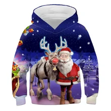 Sudadera con capucha de estilo navideño para niños y niñas, abrigo con estampado 3D de dibujos animados y animales de Papá Noel,