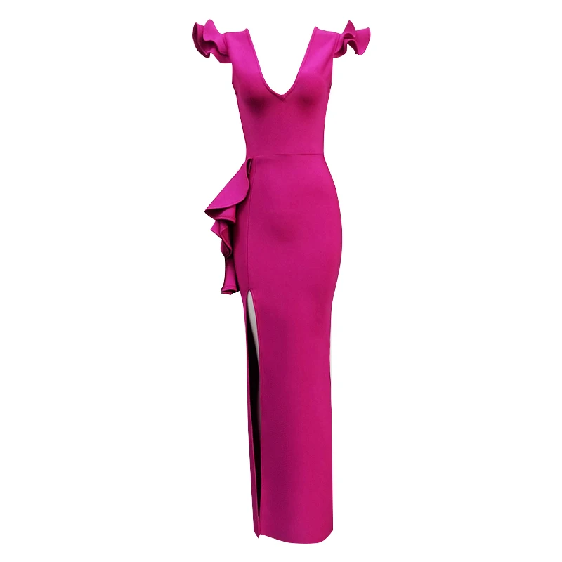 

Summer Women's Bandage Dress Fuchsia Noble Lotus Leaf Sleeves V-neck Open Backless Maxi Dress Elegant Party Maxi Dress
