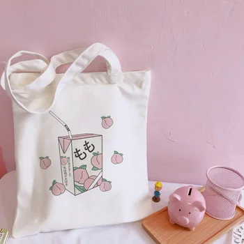 

Japanese Ins Pink Peach Drink Kawaii Print Canvas Bag Harajuku Casual shopping bag vogue Bags Chic Large Capacity Women Bag