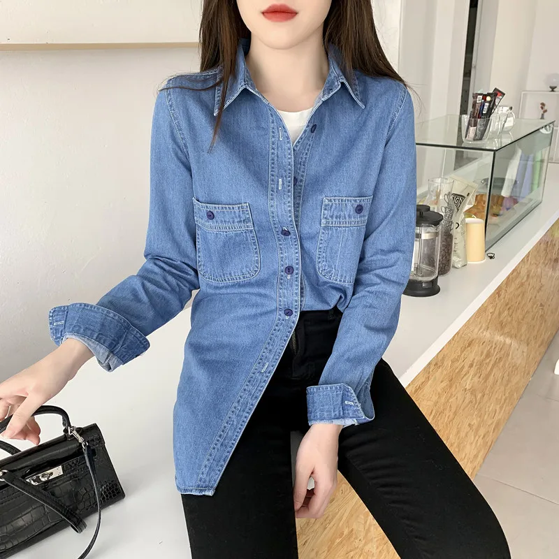 New 2021 Long Denim Women's Tops Spring Autumn Casual Long Sleeve Plus Size Shirts Loose Outwear Jean Coats Blue Oversized Shirt