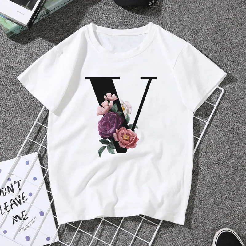 A B C D E English Alphabet Print T Shirt Women 2020 New Summer Couples Lovers Female T-Shirt Harajuku Casual White Tops Tshirt