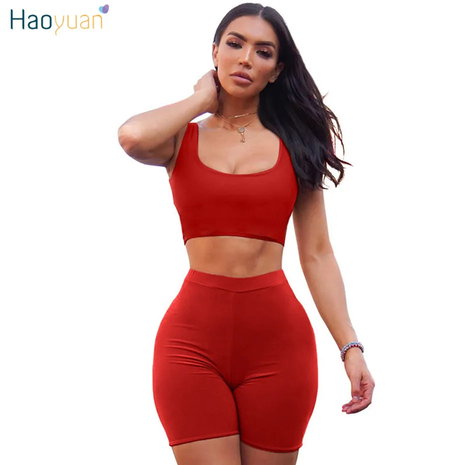 Vente HAOYUAN 2 pièces ensemble femmes Festival vêtements haut court Biker Shorts Sweat costume Sexy Club tenues deux pièces survêtement ensembles assortis
